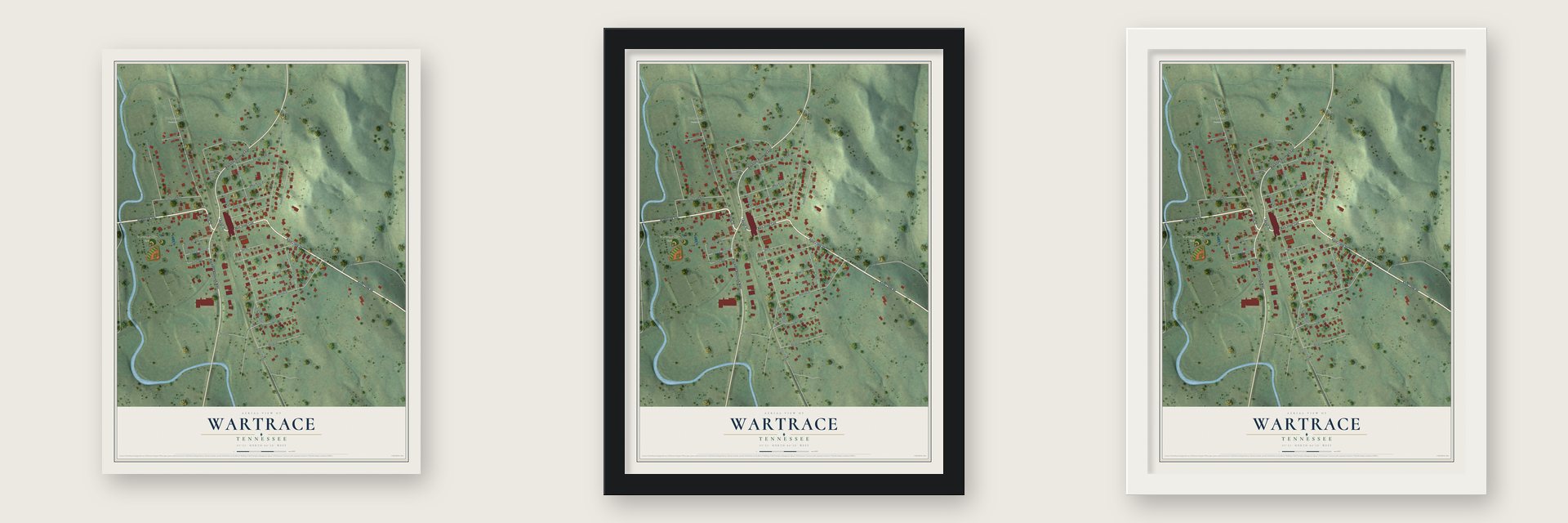 Wartrace, Tennessee map unframed, in a black wood frame and in a white wood frame