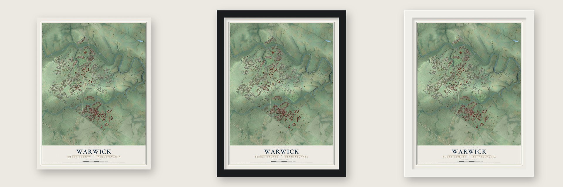 Warwick, Bucks County, Pennsylvania map unframed, in a black wood frame and in a white wood frame
