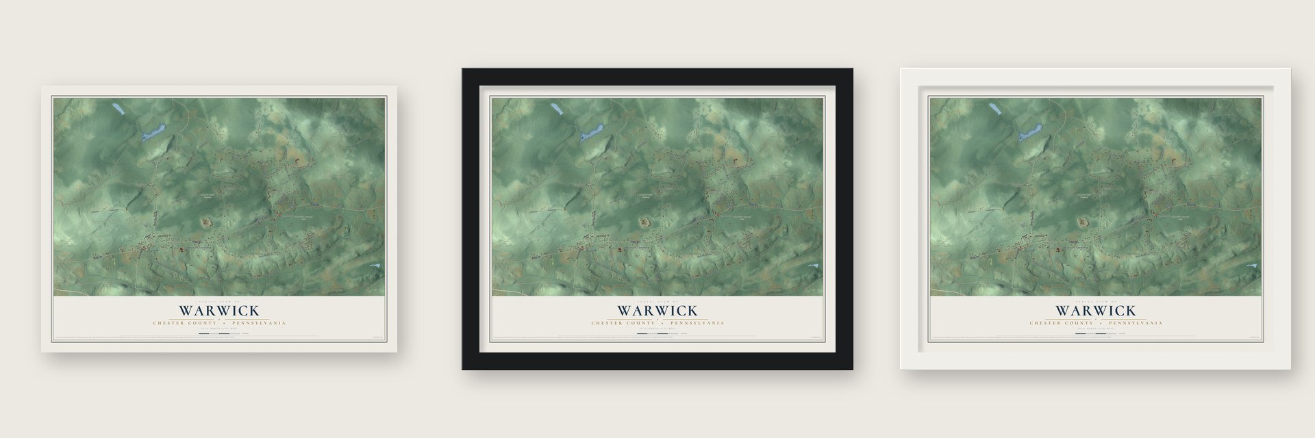 Warwick, Chester County, Pennsylvania map unframed, in a black wood frame and in a white wood frame
