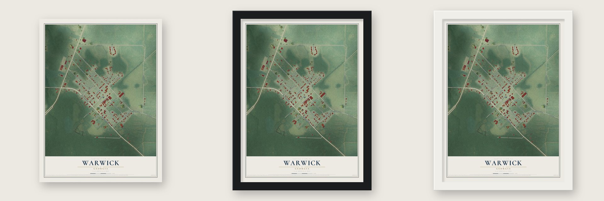 Warwick, Georgia map unframed, in a black wood frame and in a white wood frame