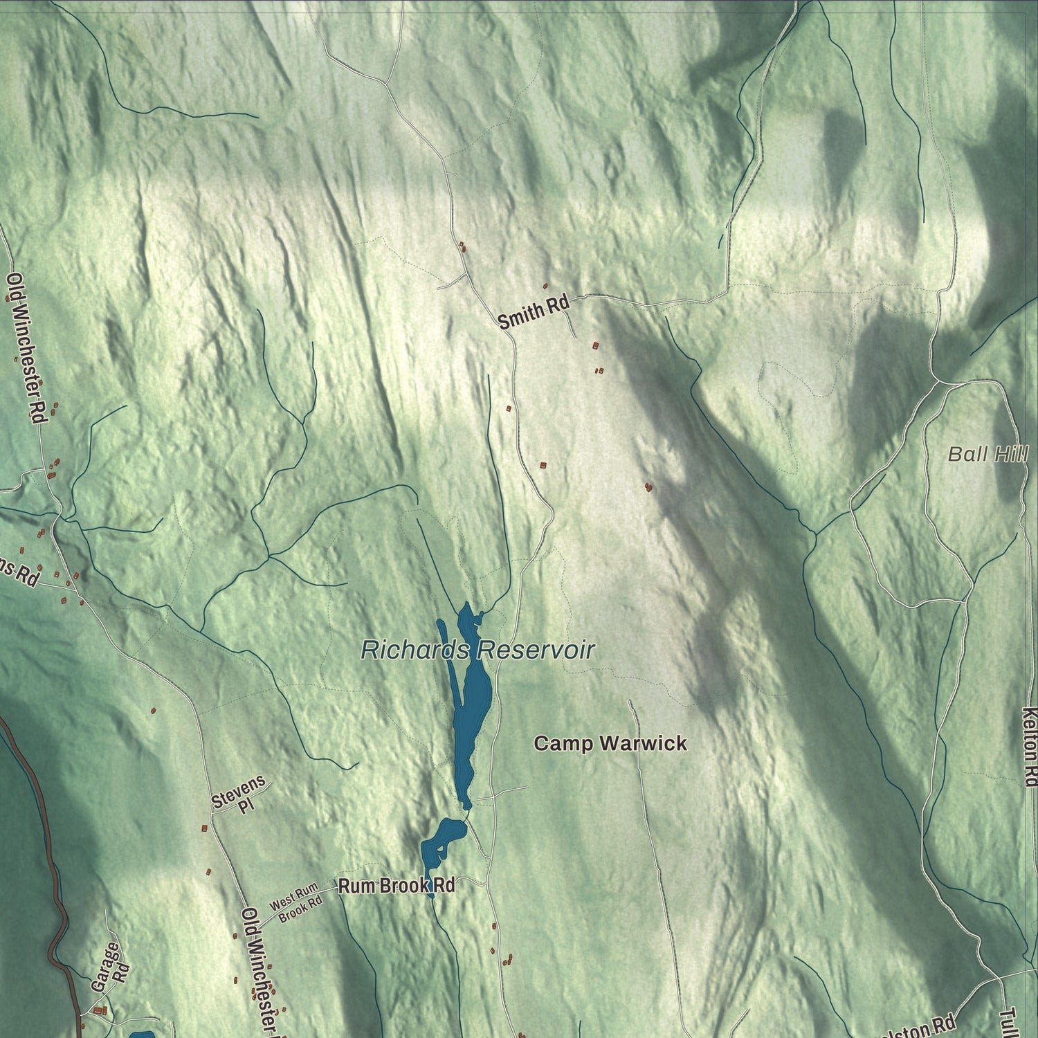 Close-up of the map of Warwick, Massachusetts print showing terrain and local geography