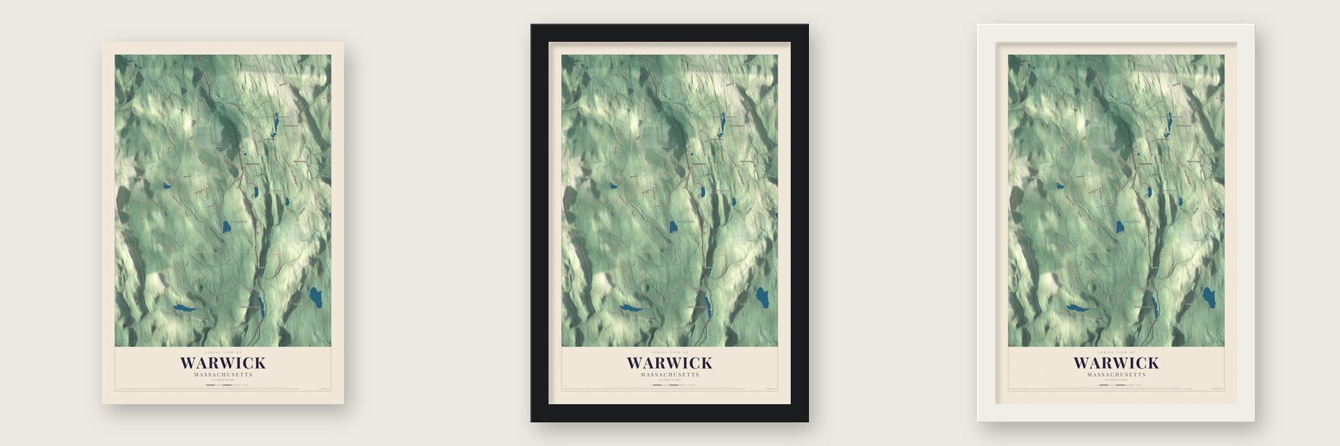 Warwick, Massachusetts map unframed, in a black wood frame and in a white wood frame