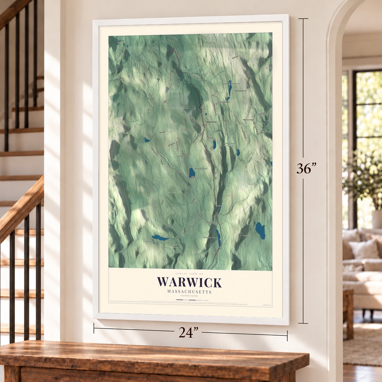 Warwick, Massachusetts map, 24 x 36 inch print in a white frame by a staircase