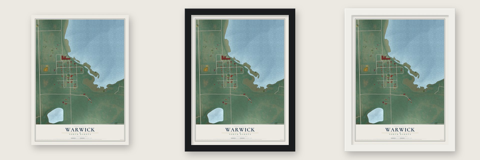 Warwick, North Dakota map unframed, in a black wood frame and in a white wood frame