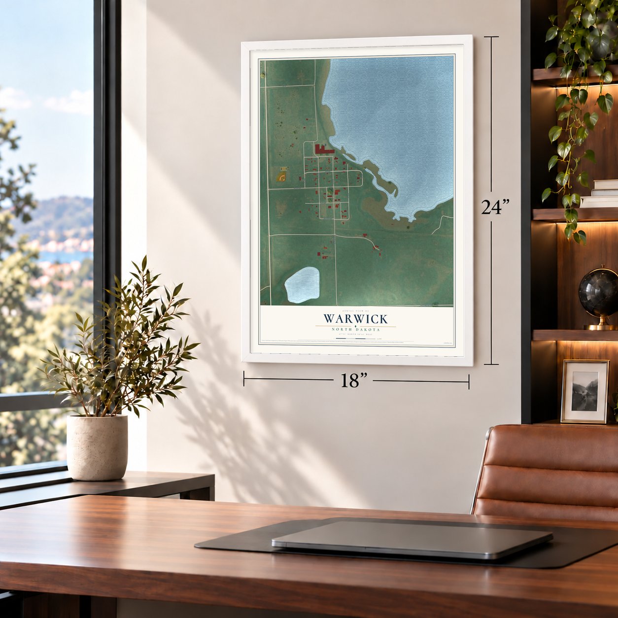Warwick, North Dakota map, 18 x 24 inch print in a white frame in a home office