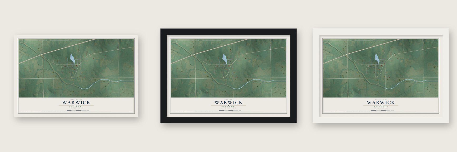 Warwick, Oklahoma map unframed, in a black wood frame and in a white wood frame