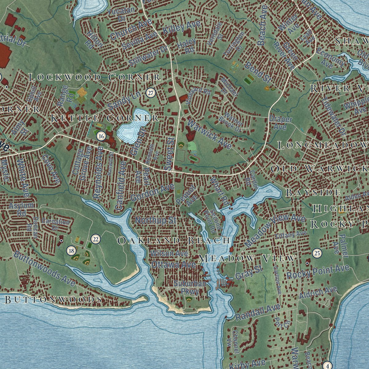 Second close-up of the map of Warwick, Rhode Island print showing more streets and buildings