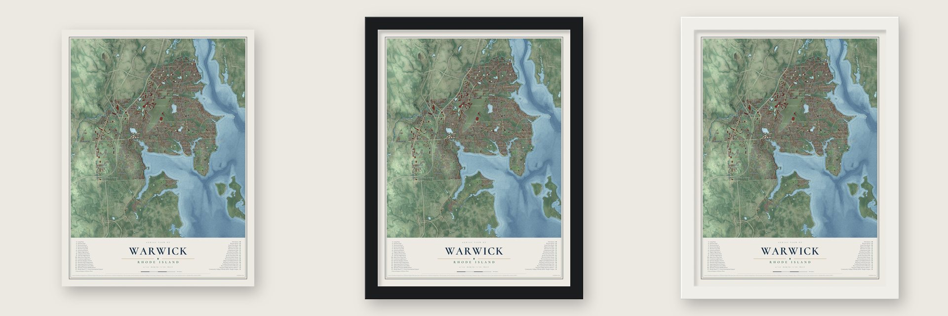 Warwick, Rhode Island map unframed, in a black wood frame and in a white wood frame