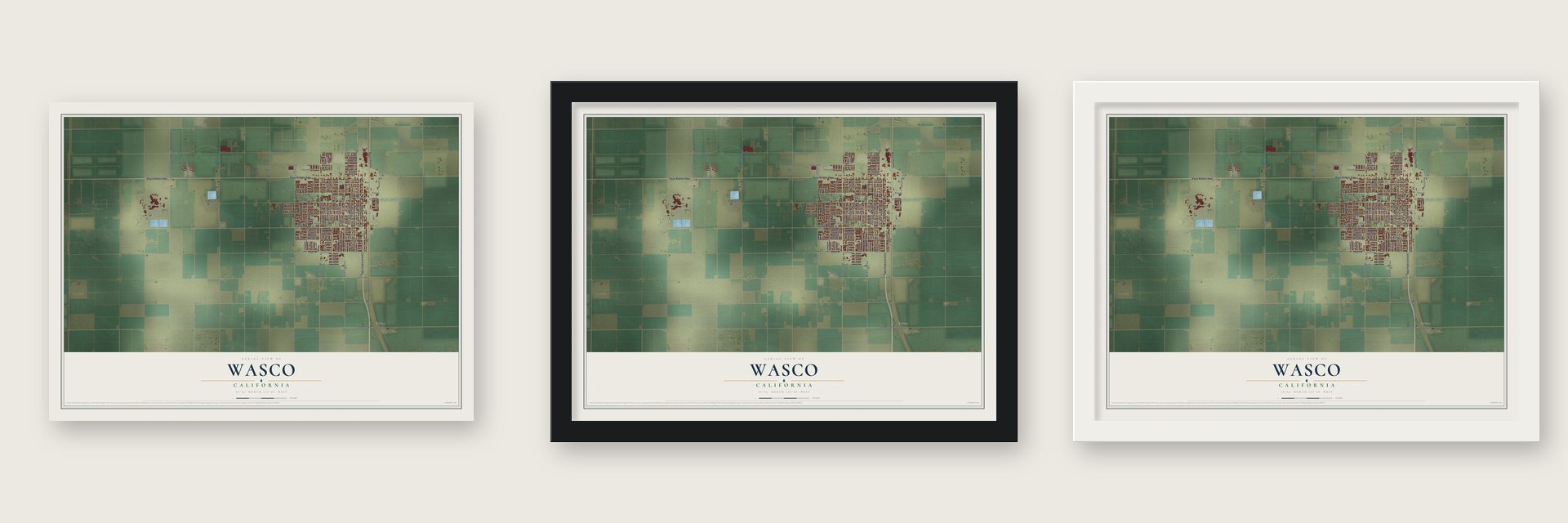 Wasco, California map unframed, in a black wood frame and in a white wood frame