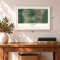 Wasco, California map, 12 x 18 inch print in a white frame in an entryway