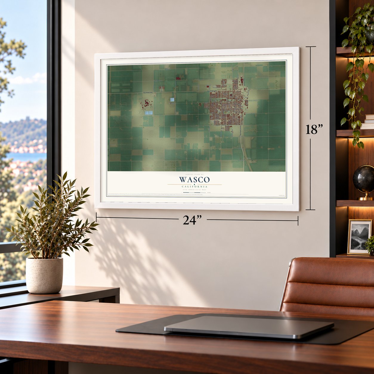 Wasco, California map, 18 x 24 inch print in a white frame in a home office