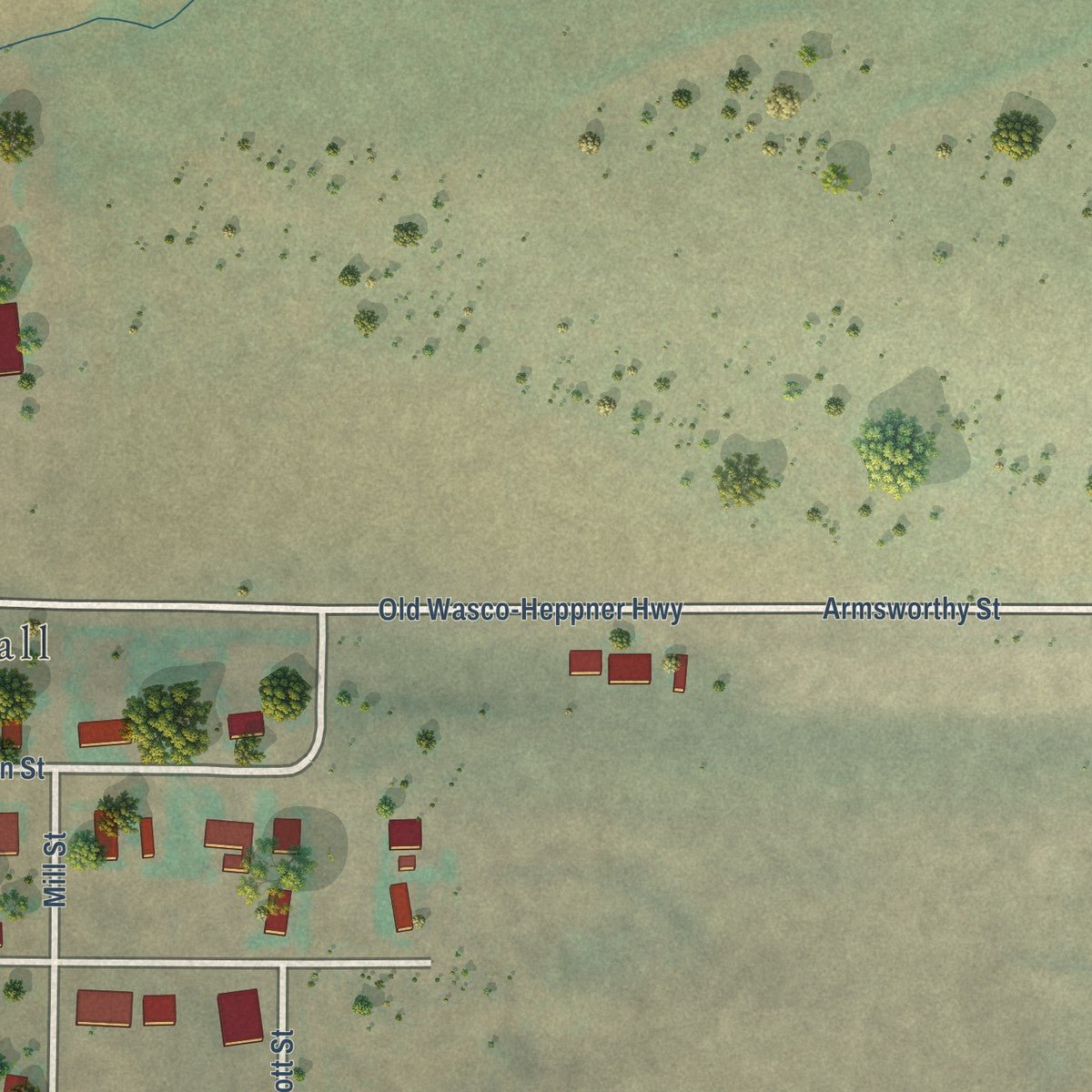 Second close-up of the map of Wasco, Oregon print showing more streets and buildings