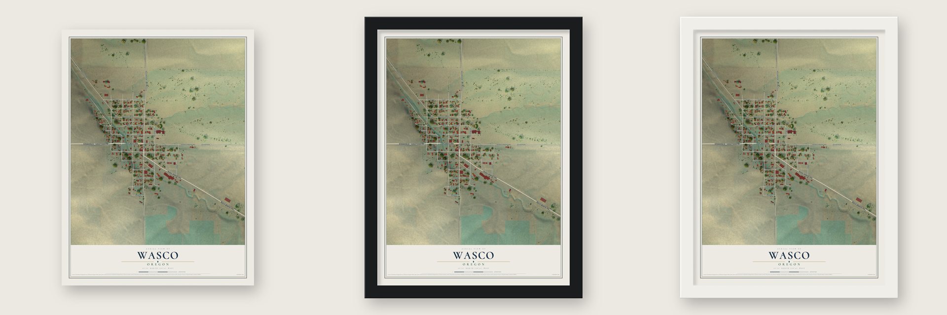 Wasco, Oregon map unframed, in a black wood frame and in a white wood frame