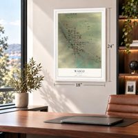 Wasco, Oregon map, 18 x 24 inch print in a white frame in a home office