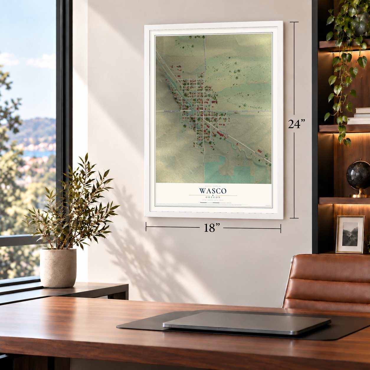 Wasco, Oregon map, 18 x 24 inch print in a white frame in a home office