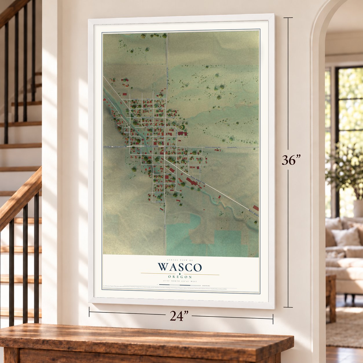 Wasco, Oregon map, 24 x 36 inch print in a white frame by a staircase