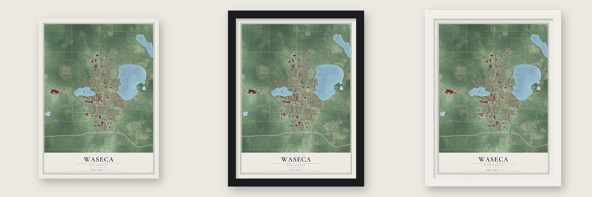 Waseca, Minnesota map unframed, in a black wood frame and in a white wood frame