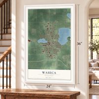 Waseca, Minnesota map, 24 x 36 inch print in a white frame by a staircase