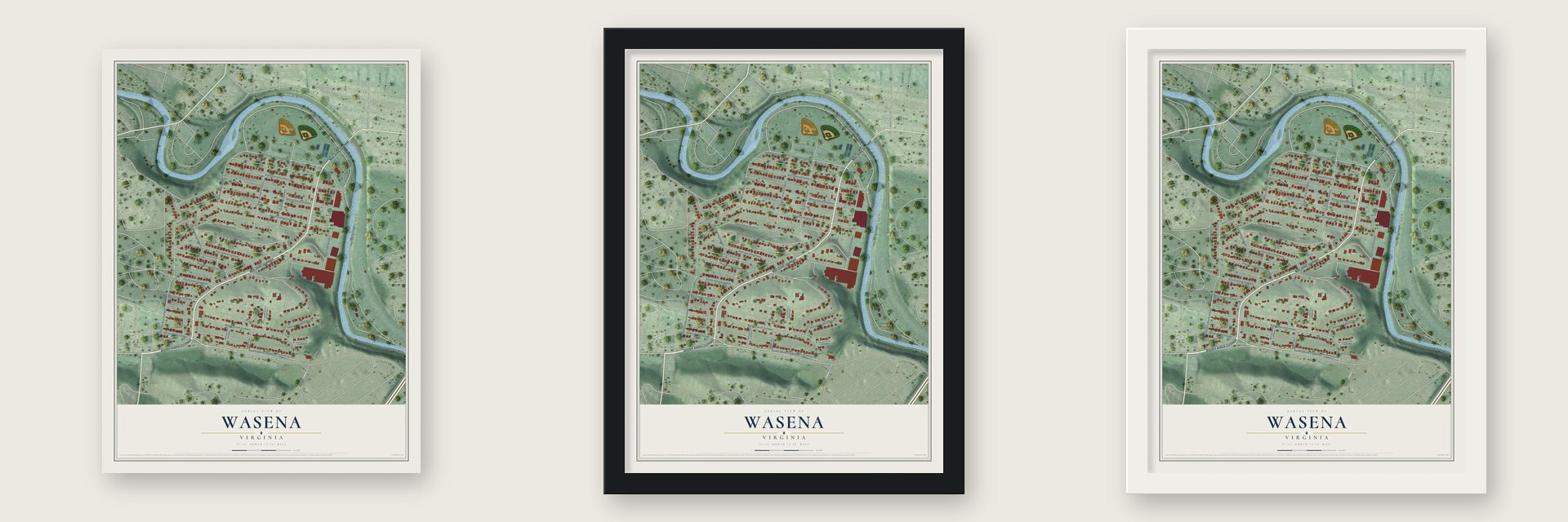 Wasena, Virginia map unframed, in a black wood frame and in a white wood frame