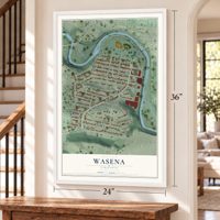 Wasena, Virginia map, 24 x 36 inch print in a white frame by a staircase