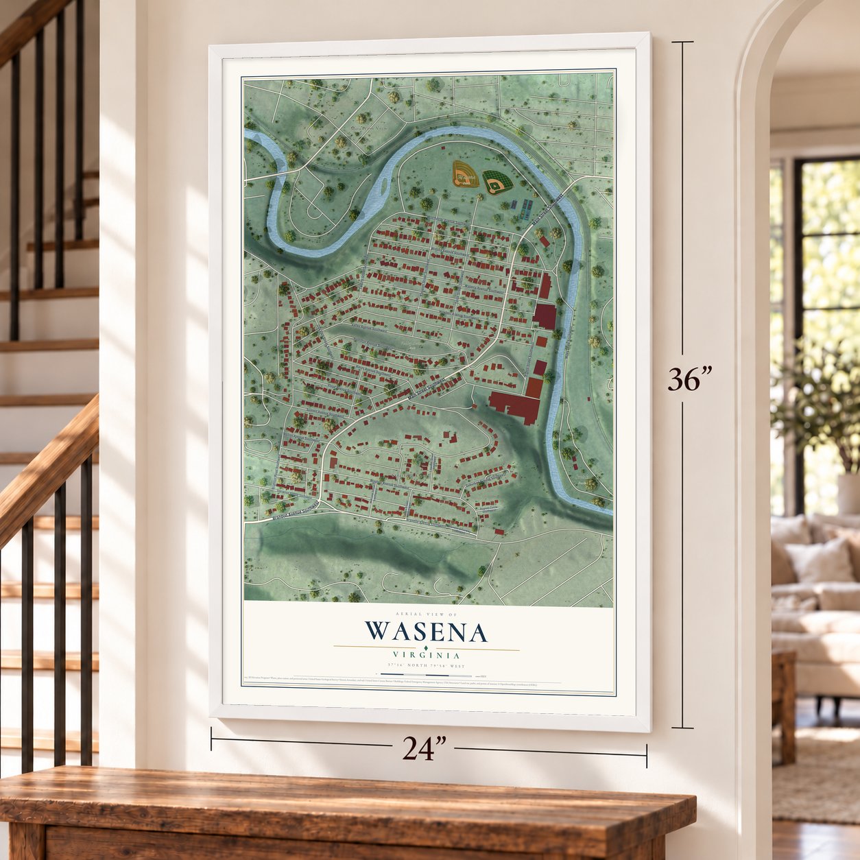 Wasena, Virginia map, 24 x 36 inch print in a white frame by a staircase