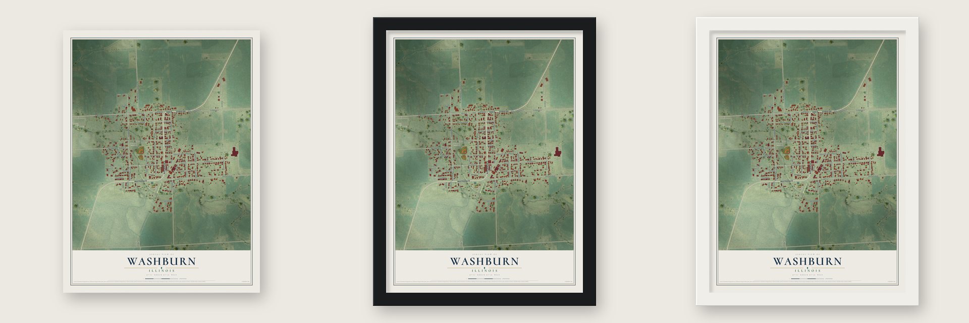 Washburn, Illinois map unframed, in a black wood frame and in a white wood frame