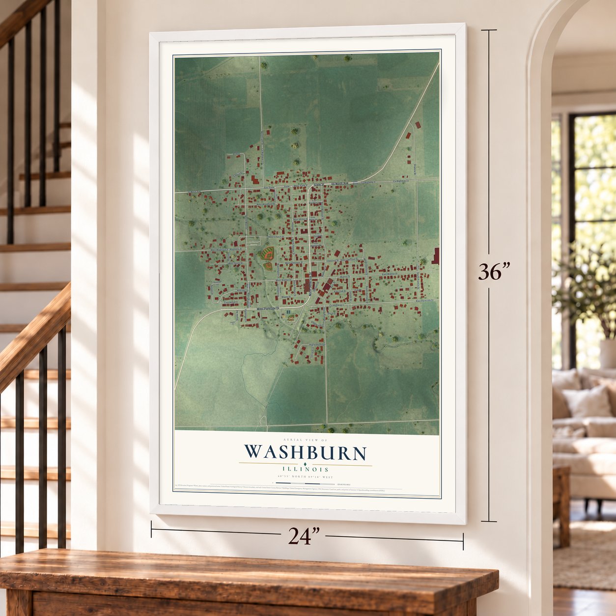 Washburn, Illinois map, 24 x 36 inch print in a white frame by a staircase