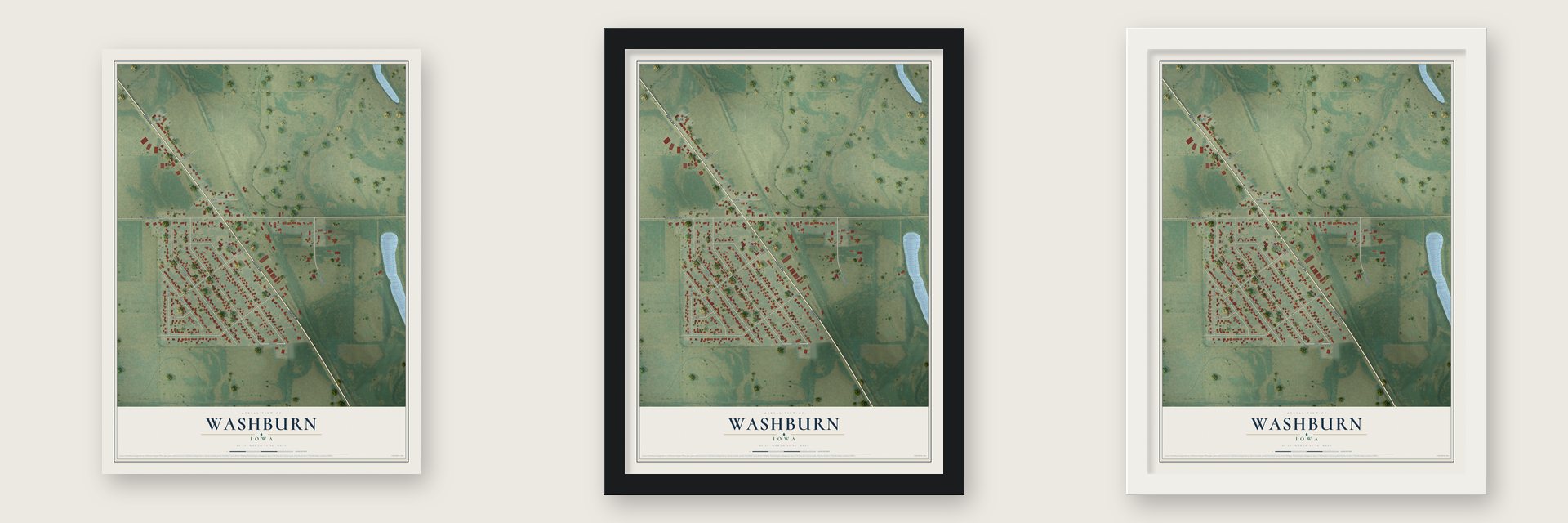 Washburn, Iowa map unframed, in a black wood frame and in a white wood frame