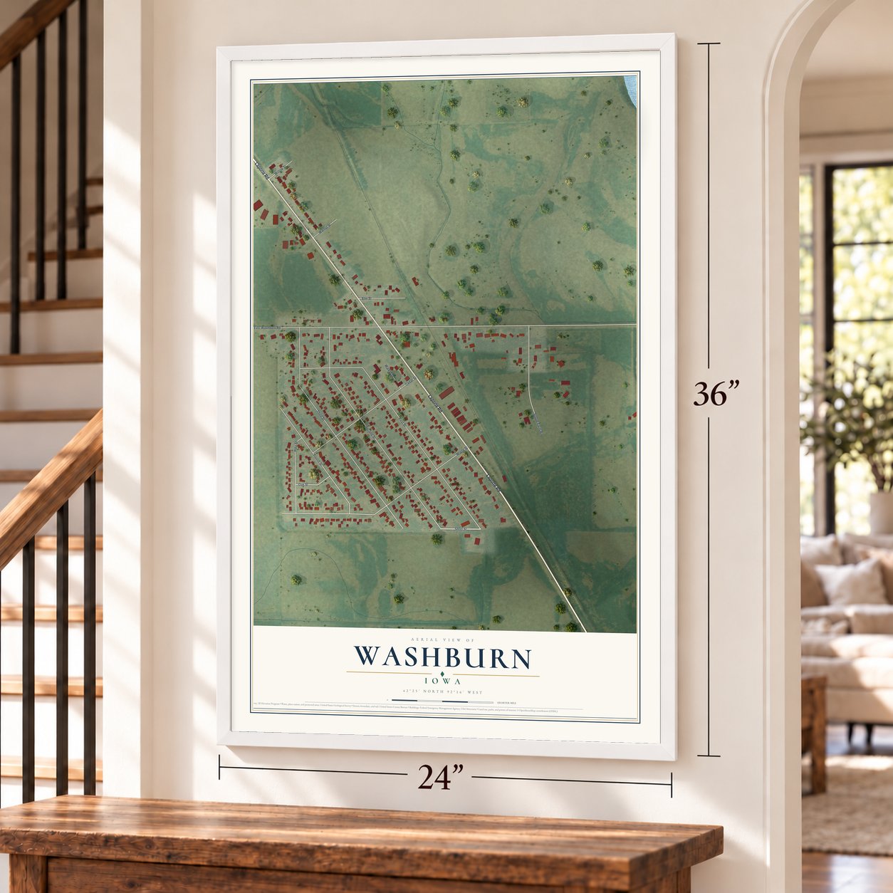Washburn, Iowa map, 24 x 36 inch print in a white frame by a staircase