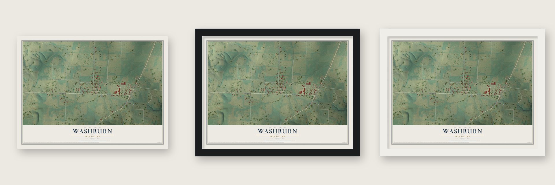 Washburn, Missouri map unframed, in a black wood frame and in a white wood frame
