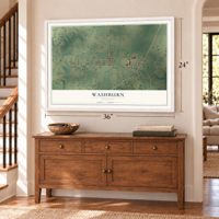 Washburn, Missouri map, 24 x 36 inch print in a white frame above a dresser by a staircase