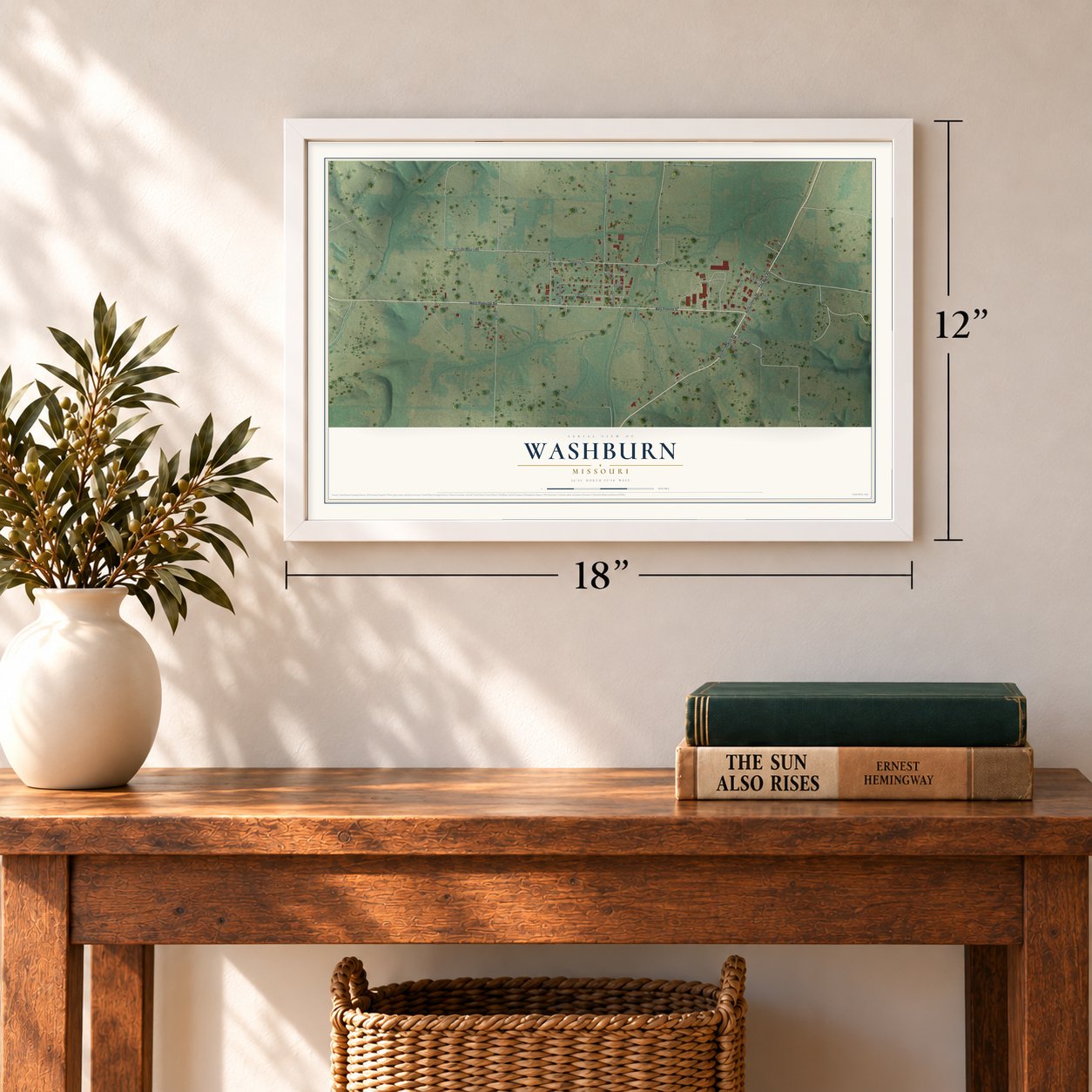 Washburn, Missouri map, 12 x 18 inch print in a white frame in an entryway