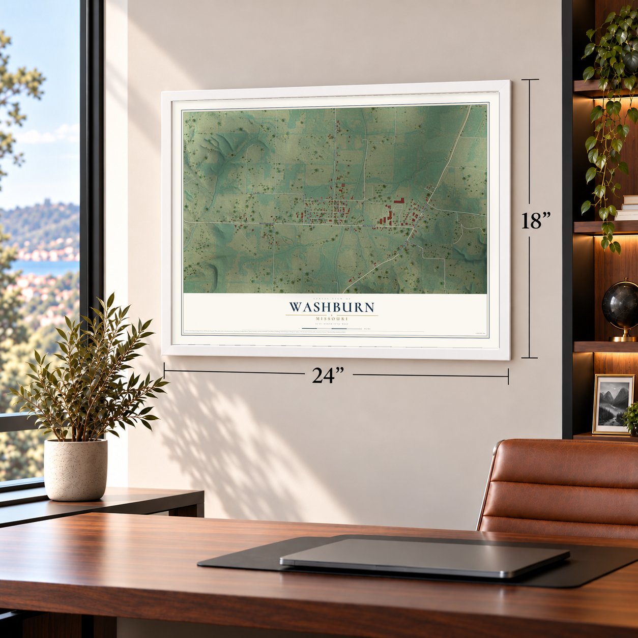 Washburn, Missouri map, 18 x 24 inch print in a white frame in a home office