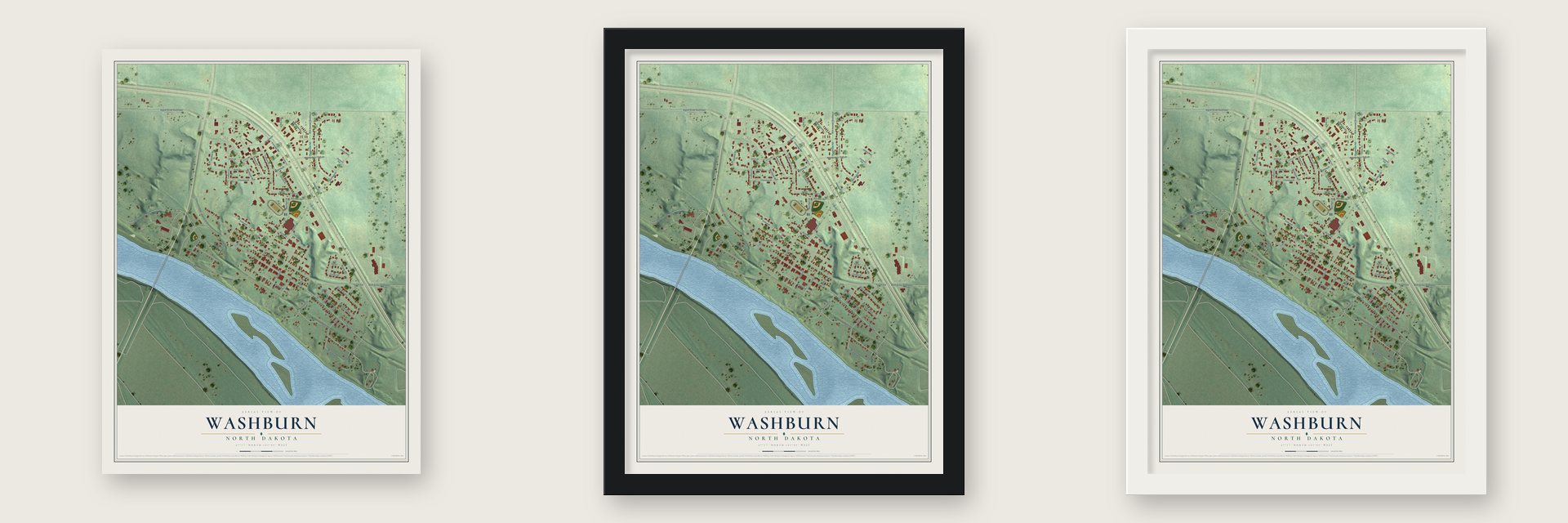 Washburn, North Dakota map unframed, in a black wood frame and in a white wood frame