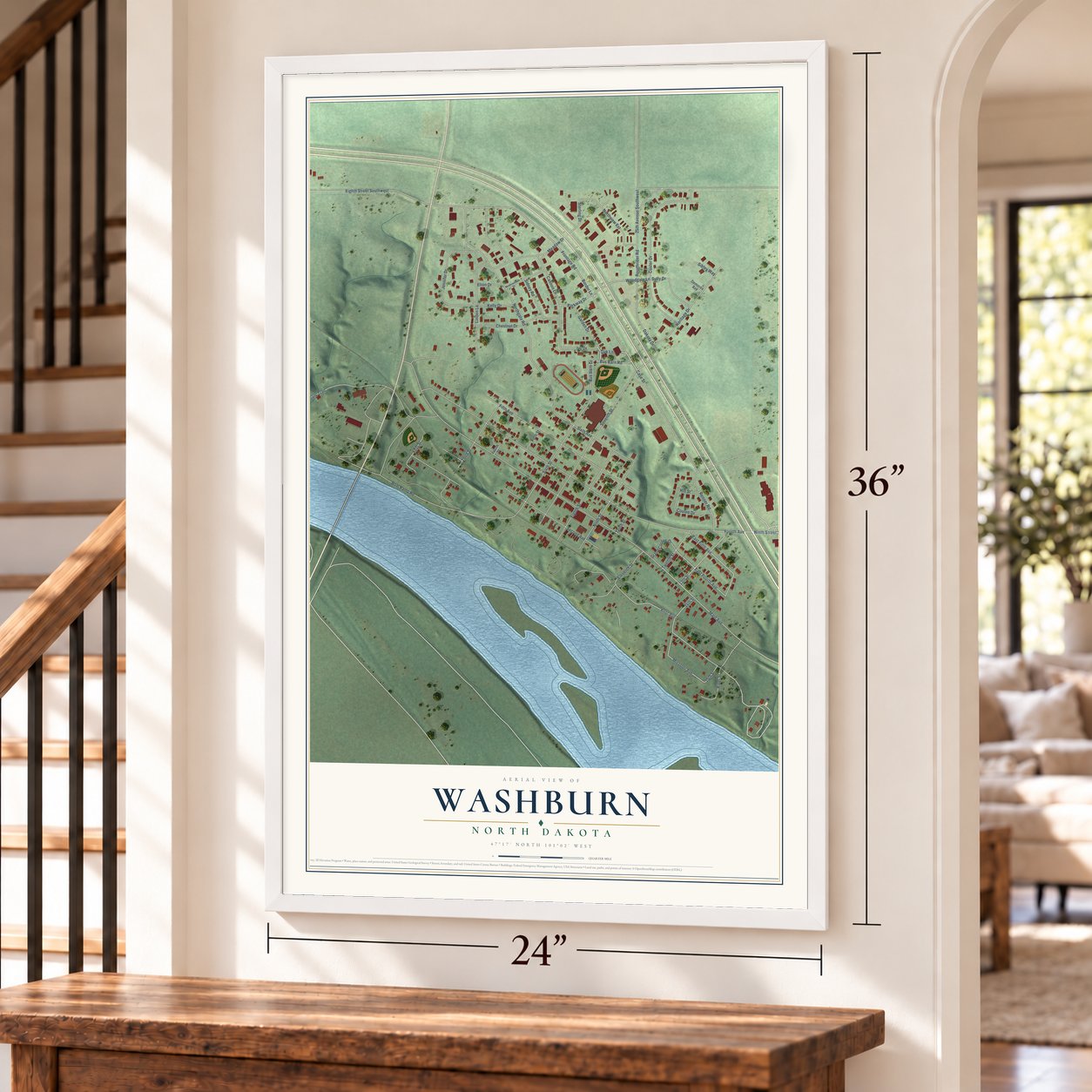 Washburn, North Dakota map, 24 x 36 inch print in a white frame by a staircase