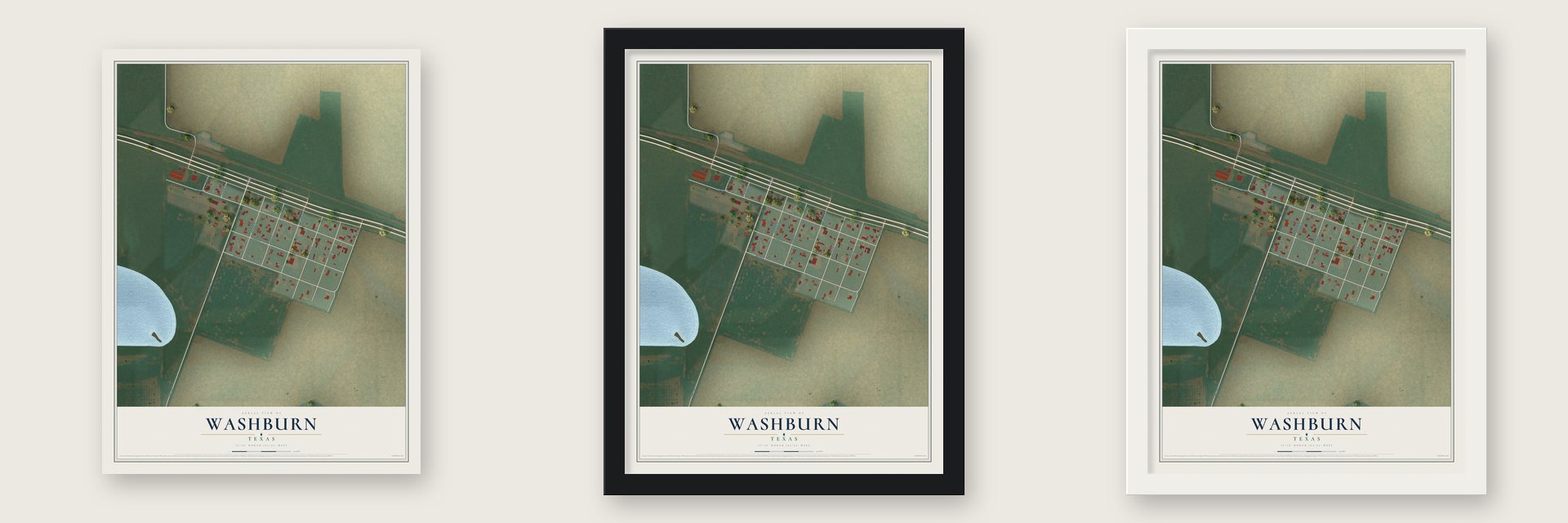 Washburn, Texas map unframed, in a black wood frame and in a white wood frame