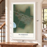 Washburn, Texas map, 24 x 36 inch print in a white frame by a staircase