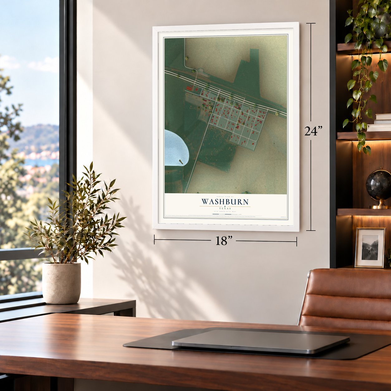 Washburn, Texas map, 18 x 24 inch print in a white frame in a home office