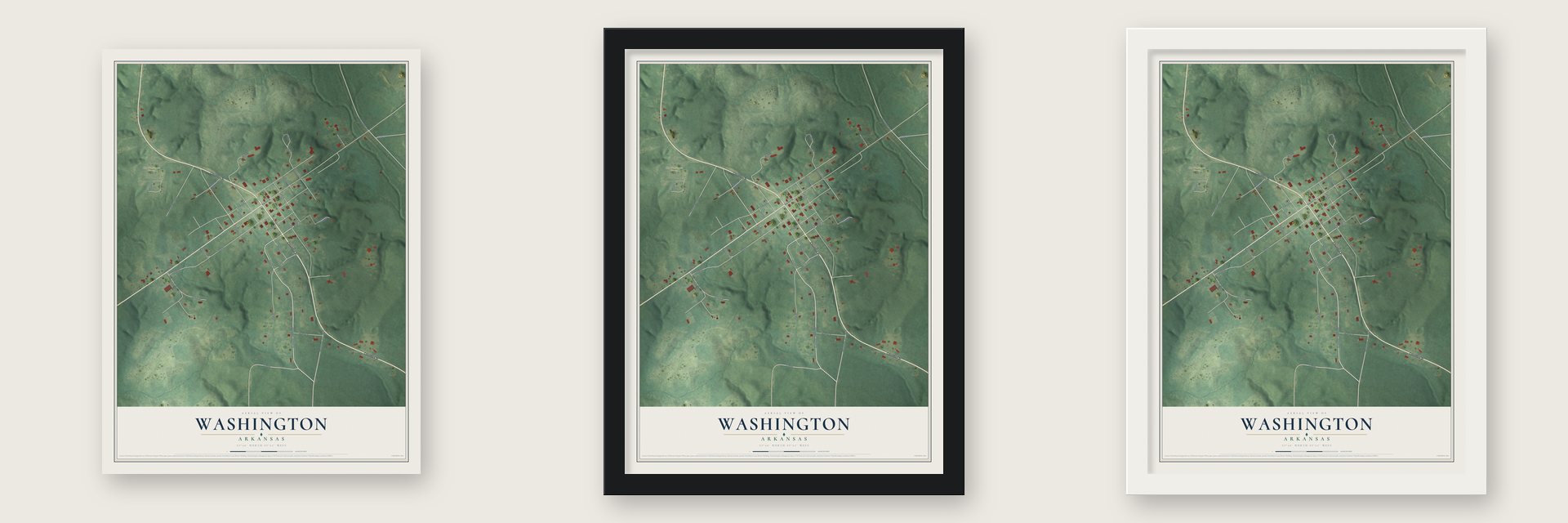 Washington, Arkansas map unframed, in a black wood frame and in a white wood frame