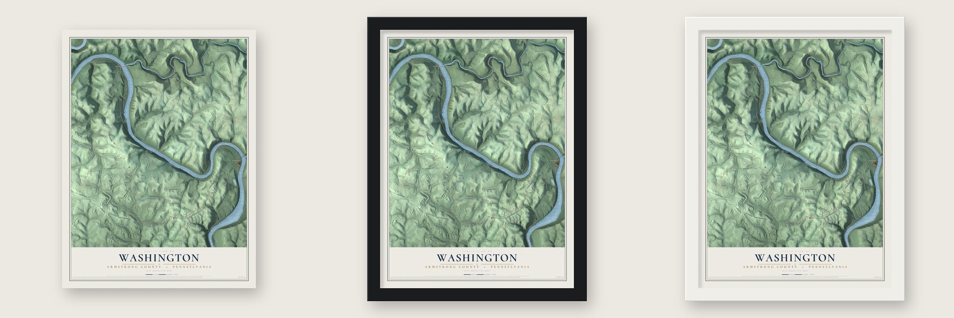 Washington, Armstrong County, Pennsylvania map unframed, in a black wood frame and in a white wood frame