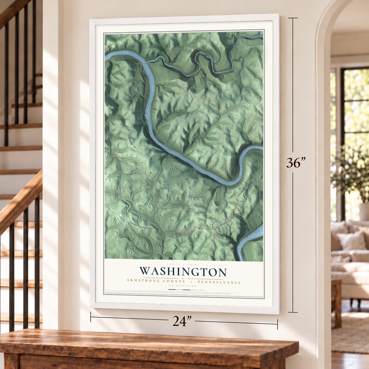 Washington, Armstrong County, Pennsylvania map, 24 x 36 inch print in a white frame by a staircase