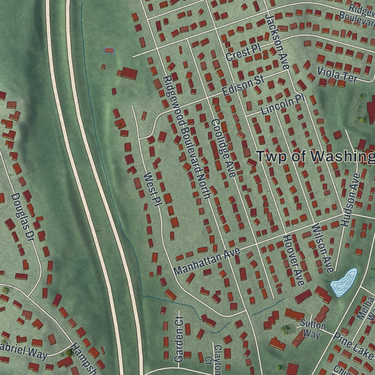 Second close-up of the map of Washington, Bergen County, New Jersey print showing more streets and buildings