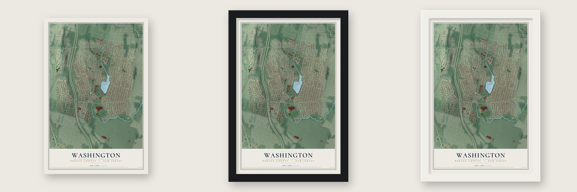 Washington, Bergen County, New Jersey map unframed, in a black wood frame and in a white wood frame