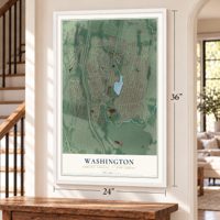 Washington, Bergen County, New Jersey map, 24 x 36 inch print in a white frame by a staircase