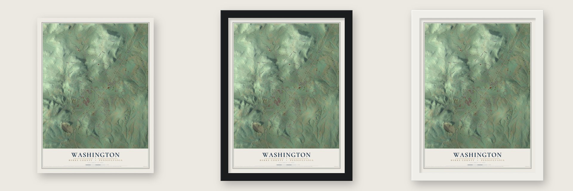 Washington, Berks County, Pennsylvania map unframed, in a black wood frame and in a white wood frame