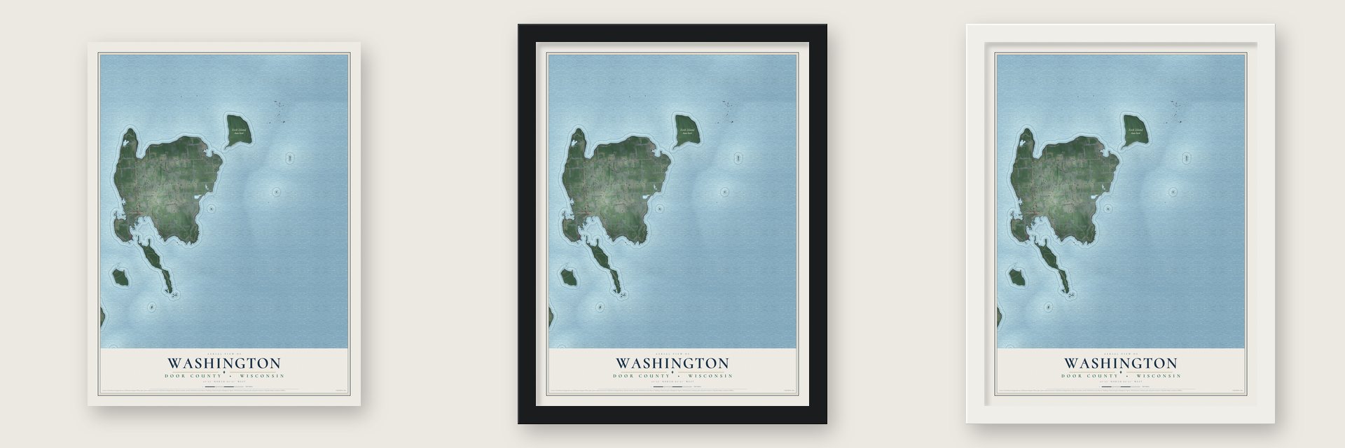 Washington, Door County, Wisconsin map unframed, in a black wood frame and in a white wood frame
