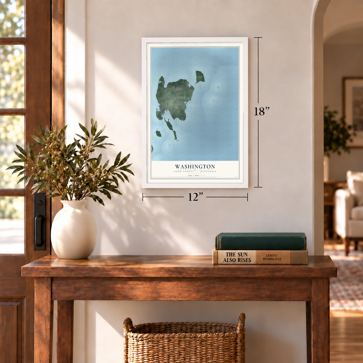 Washington, Door County, Wisconsin map, 12 x 18 inch print in a white frame in an entryway