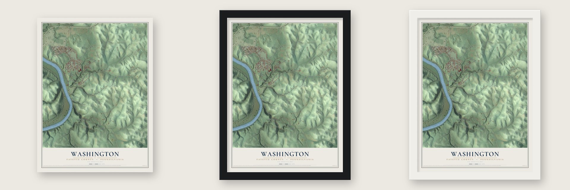 Washington, Fayette County, Pennsylvania map unframed, in a black wood frame and in a white wood frame
