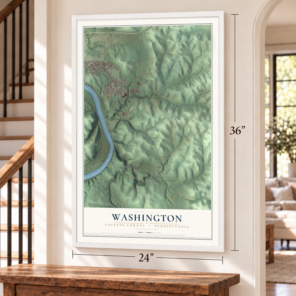 Washington, Fayette County, Pennsylvania map, 24 x 36 inch print in a white frame by a staircase