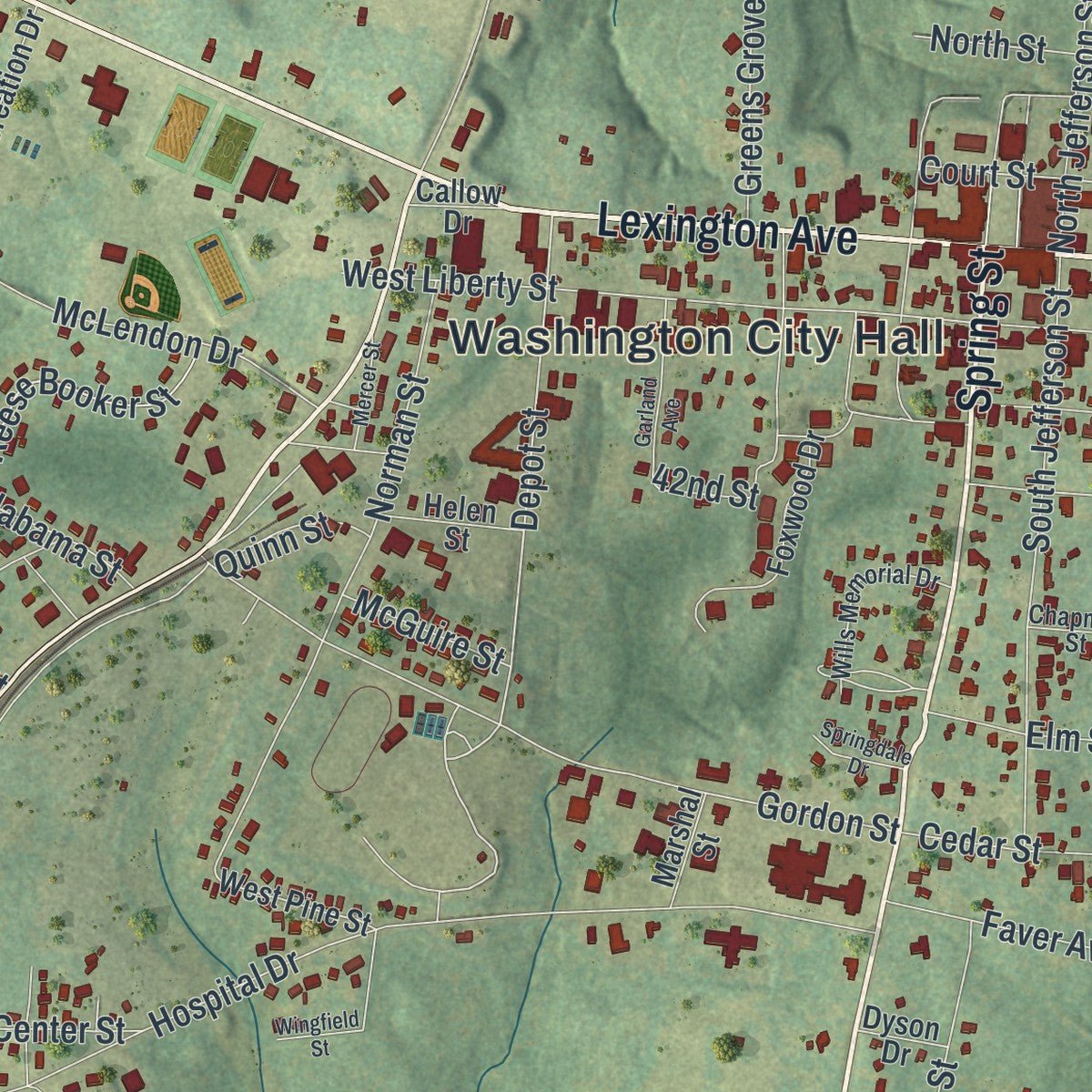 Second close-up of the map of Washington, Georgia print showing more streets and buildings